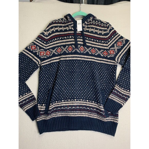 American Eagle Hooded Knit Fair Isle Sweater Mens Large Kangaroo Pocket - Picture 1 of 9